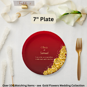 7" Names and Gold Flowers on Red Maroon  Paper Plate