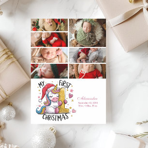 7 Photo 1st Baby Christmas Pink Gold Unicorn Holiday Card
