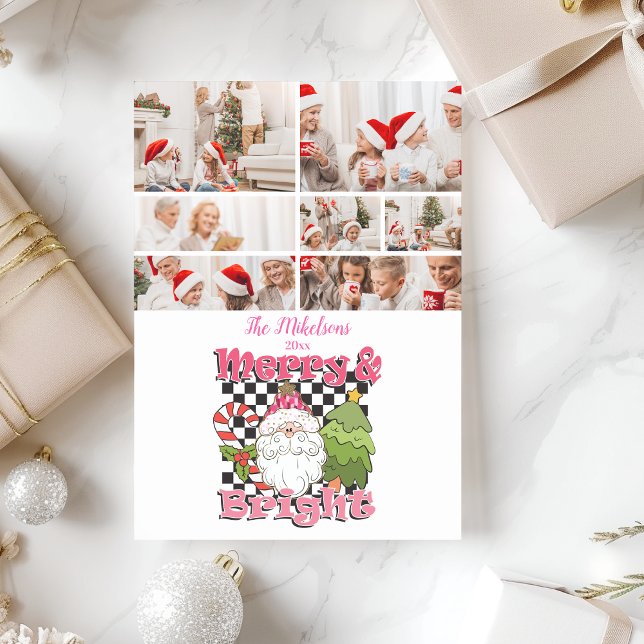 7 Photo Chequered Merry & Bright Christmas Holiday Card (Creator Uploaded)