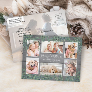 7 Photo Christmas Greenery & Rustic Grey Wood Holiday Postcard