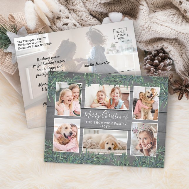 7 Photo Christmas Greenery & Rustic Grey Wood Holiday Postcard (Creator Uploaded)