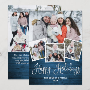 7 PHOTO Christmas Rustic Blue Wood Greeting Holiday Card