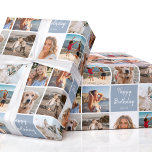 7 Photo Collage Birthday Custom Name Blue Grey Wrapping Paper<br><div class="desc">Create a beautiful photo collage with this stylish personalised wrapping paper! With seven of your own photos and a custom name to make it truly unique. A simple yet chic design with a grid of square-shaped photographs, perfect for family, kids, friends, pets or favourite places! This seamless pattern also features...</div>