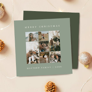 7-Photo Collage Elegant Modern Green Christmas Holiday Card