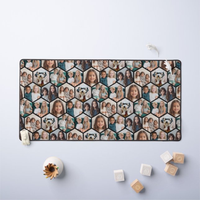 7 Photo Collage - funky hexagon pattern - black Desk Mat (Kids Table)