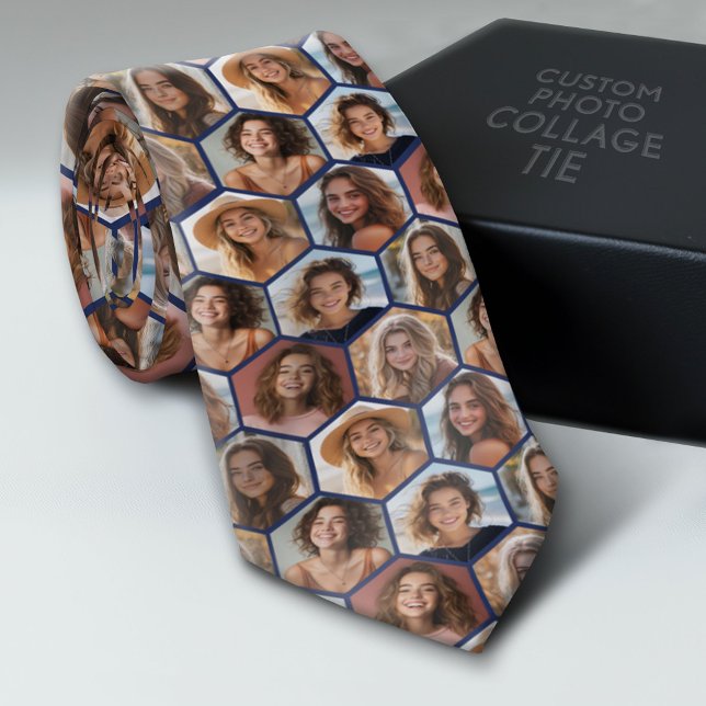 7 Photo Collage - funky honeycomb pattern - blue Tie (Custom Tie with a Photo Collage)