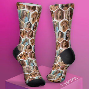 7 Photo Collage - funky honeycomb pattern - white Socks