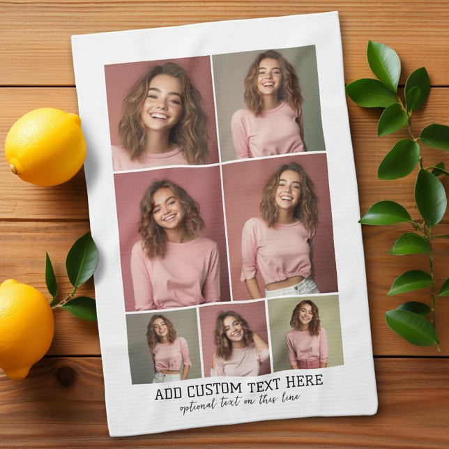 7 Photo Collage - Modern Minimal Black and White Tea Towel (Custom Kitchen Towel with Photo Collage)