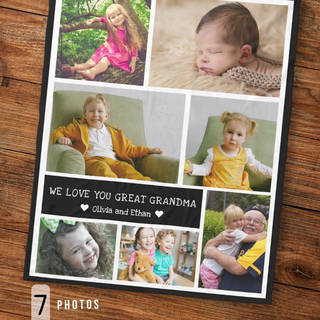 7 Photo Collage We Love You Great Grandma Black Fleece Blanket (Creator Uploaded)