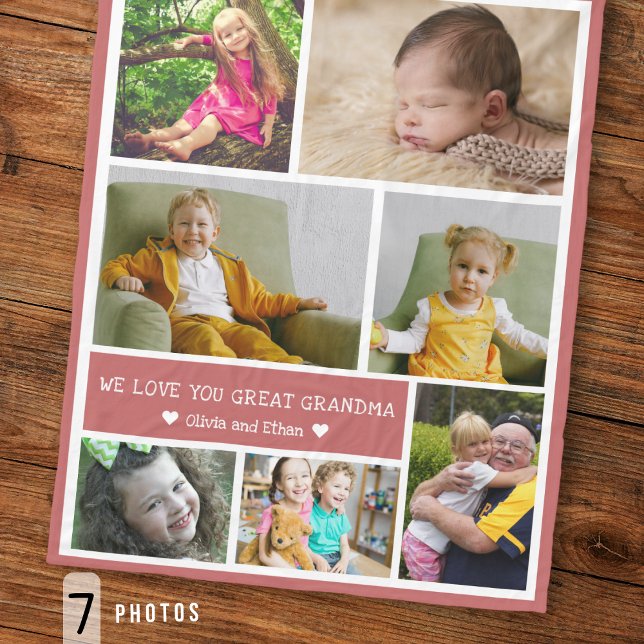 7 Photo Collage We Love You Great Grandma Pink Fleece Blanket (Creator Uploaded)