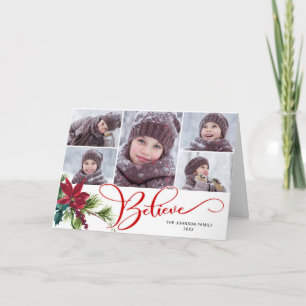 7 Photo Elegant Poinsettia Christmas BELIEVE Holiday Card