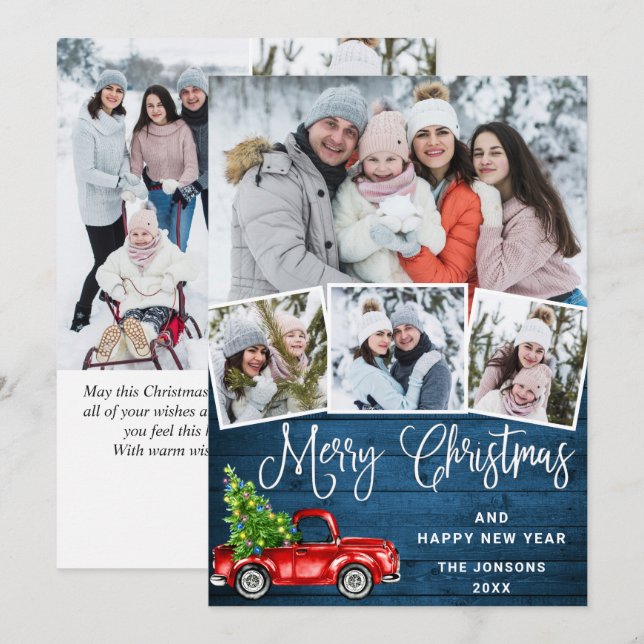 7 Photo Merry Christmas Red Farm Truck Holiday Card (Front/Back)