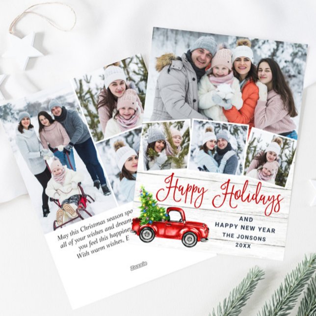 7 Photo Merry Christmas Red Farm Truck Holiday Card (Creator Uploaded)