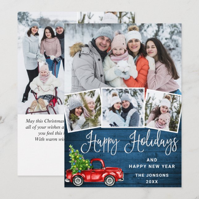 7 Photo Merry Christmas Red Farm Truck Holiday Card (Front/Back)
