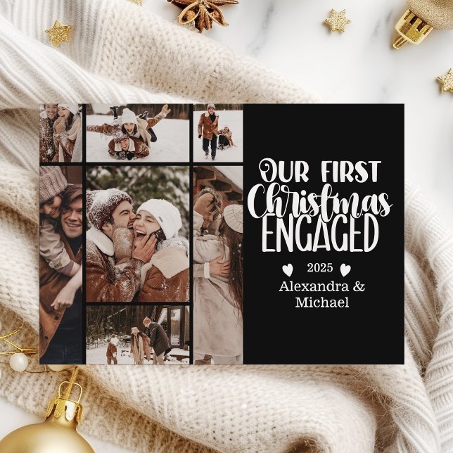 7 Photo Minimalist First Christmas Engaged Holiday Card (Creator Uploaded)