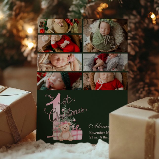 7 Photo  Pink Green Baby First Christmas Holiday Card (Creator Uploaded)
