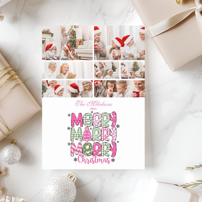 7 Photo Pink Green Merry Christmas Holiday Card (Creator Uploaded)