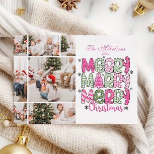 7 Photo Pink Green Merry Christmas Holiday Card