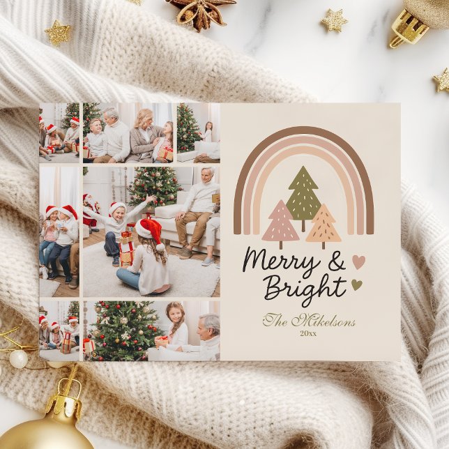 7 Photo Retro Neutral Rainbow Merry & Bright  Holiday Card (Creator Uploaded)