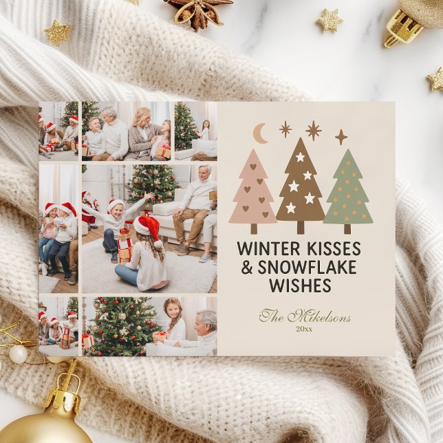 7 Photo Retro Winter Kisses & Snowflake Wishes Holiday Card (Creator Uploaded)