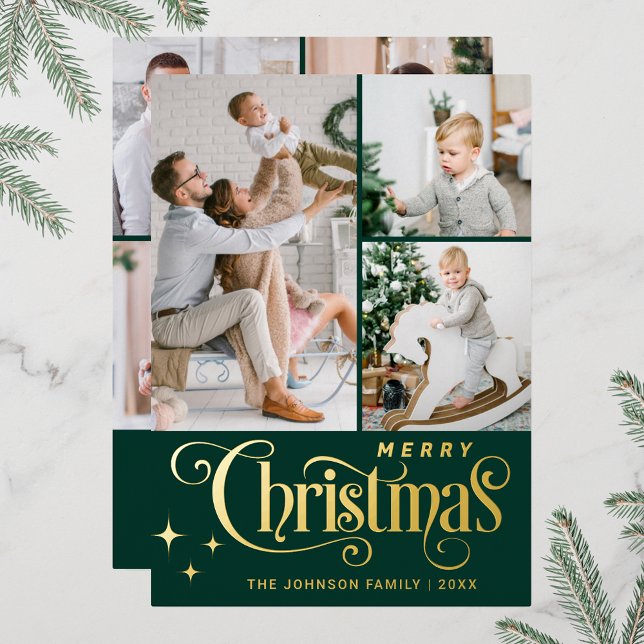 7 PHOTO Sparkle Merry Christmas Greeting Gold (Real foil print Christmas holiday greeting card.)