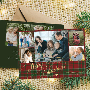 7 photos Merry Christmas script red green plaid  Holiday Card