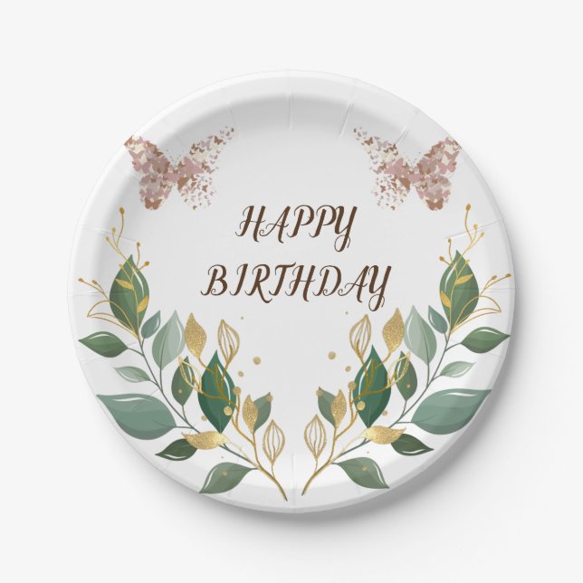 7" Round Floral Happy Birthday Paper Plate. Plate (Front)