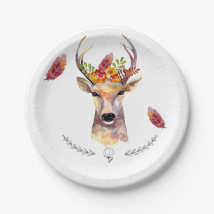 7" Round Paper Plate boho deer Buck Head Browning