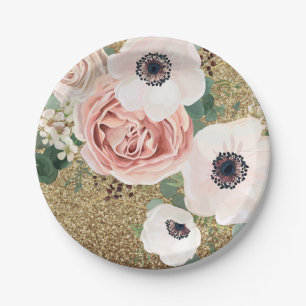7" Round Paper Plate Geometric Garden Rose Gold