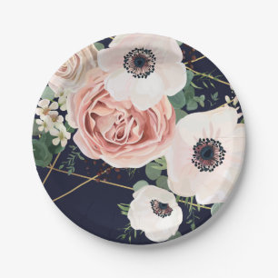 7" Round Paper Plate Geometric Garden Rose Navy