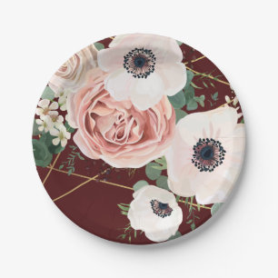 7" Round Paper Plate Geometric Garden Rose Wine