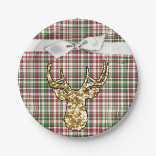 7" Round Paper Plate Gold Glitter Reindeer Plaid