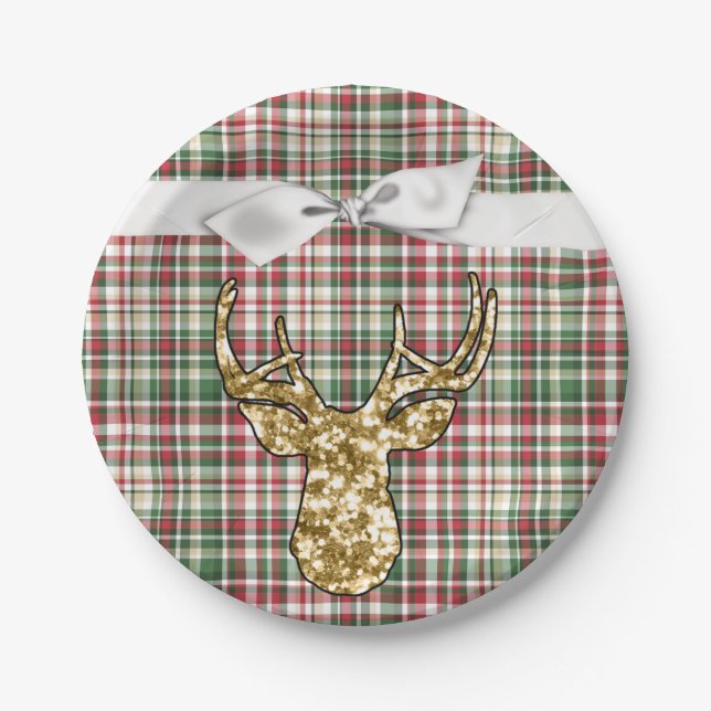 7" Round Paper Plate Gold Glitter Reindeer Plaid (Front)