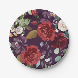 7" Round Paper Plate Plum Purple Roses Gold Geomet