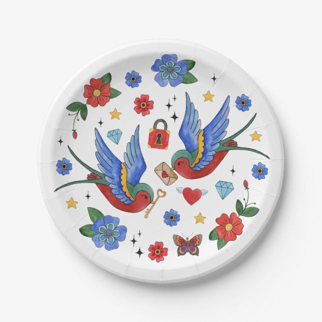 7" Round Paper Plate Traditional Bird Tattoo Sparr (Front)