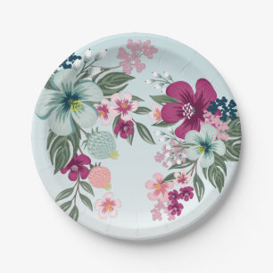 7" Round Paper Plate Tropical Flower on Blue Ombre