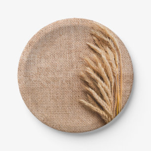 7" Round Paper Plate Wheat on Burlap Sack Country