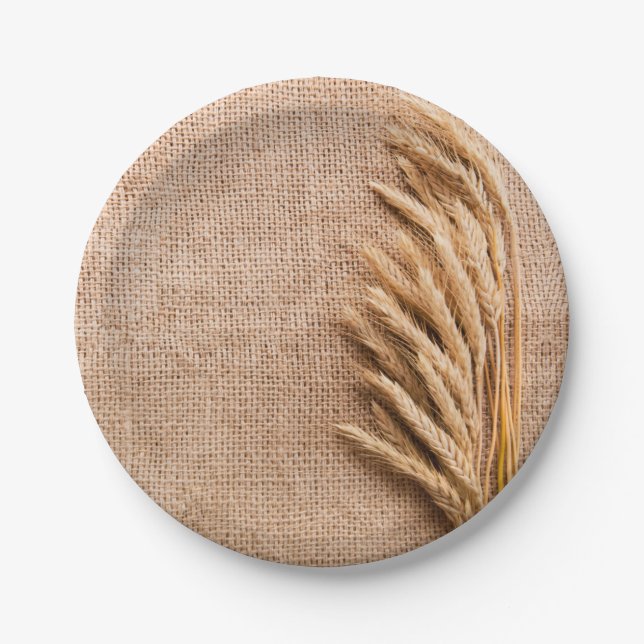 7" Round Paper Plate Wheat on Burlap Sack Country (Front)