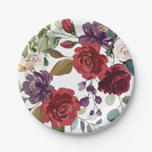 7" Round Paper Plate White Roses Gold Geometric