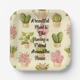 7" Square Paper Plates with Plants Quote
