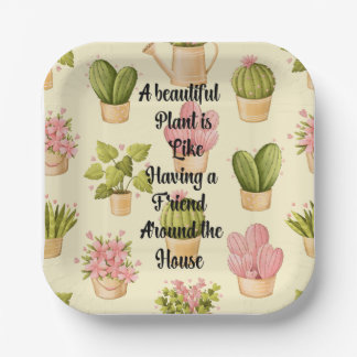 7" Square Paper Plates with Plants Quote