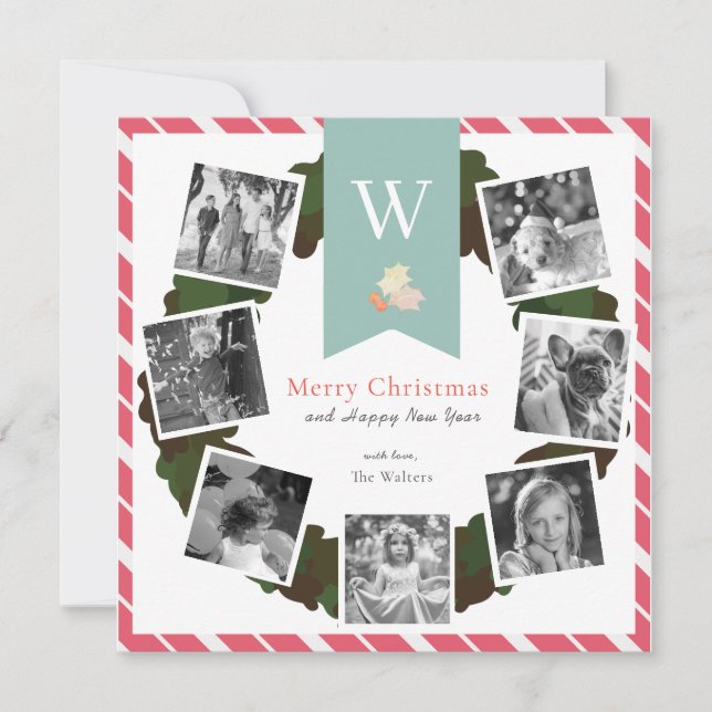 7 Square Photo Collage Wreath Holiday Card (Front)