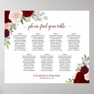 7 Table Burgundy Red & Blush Roses Seating Chart