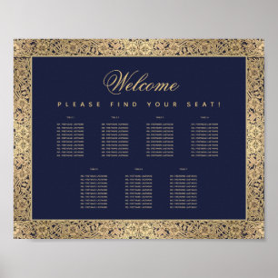 7 Table Navy Blue Gold Roses Script Seating Chart