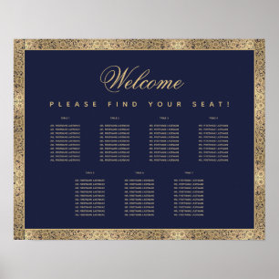7 Table Navy Blue Gold Roses Script Seating Chart