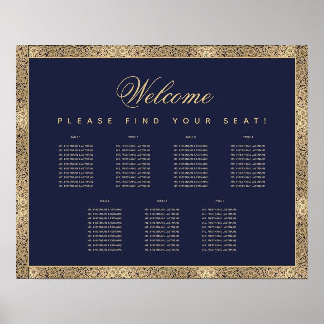 7 Table Navy Blue Gold Roses Script Seating Chart (Front)