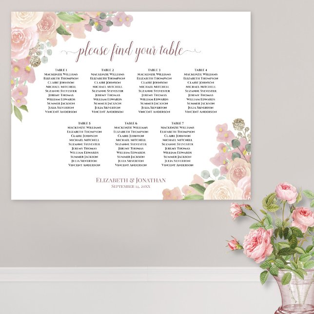 7 Table Pink Boho Floral Wedding Seating Chart (In Situ on Wall)