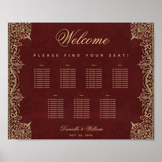 7 Table Vintage Burgundy Gold Seating Chart (Front)