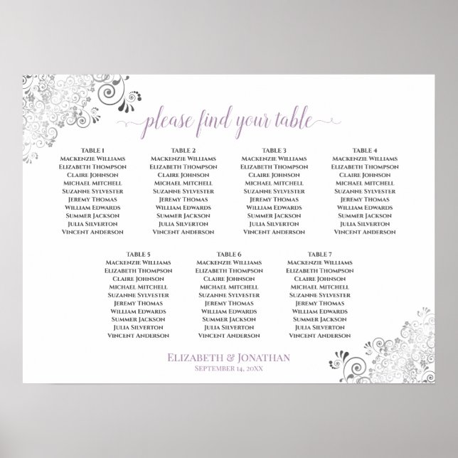 7 Table White & Lavender Wedding Seating Chart (Front)