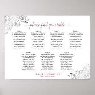 7 Table White & Rose Frilly Wedding Seating Chart